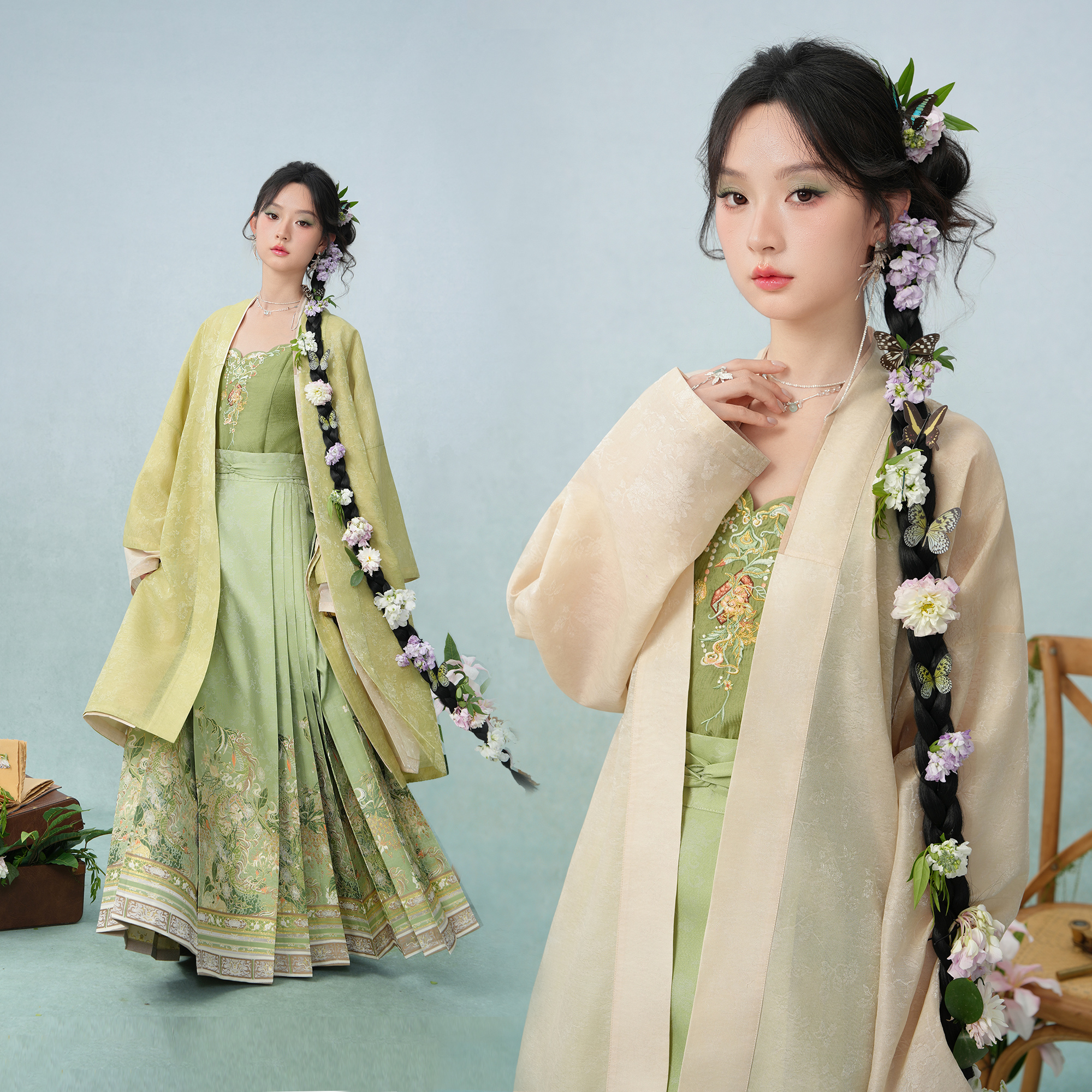 粼夕squama【百草匣】原创春夏汉服明制织金马面裙日常吊带折领衫