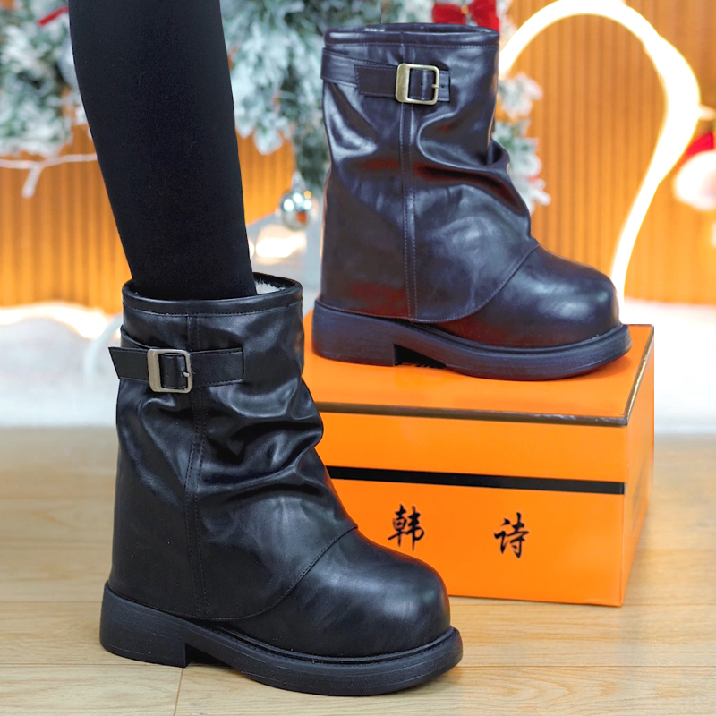  【单/棉】9cm美拉德英伦裤管短靴女2025秋冬百搭增高显瘦机车靴子