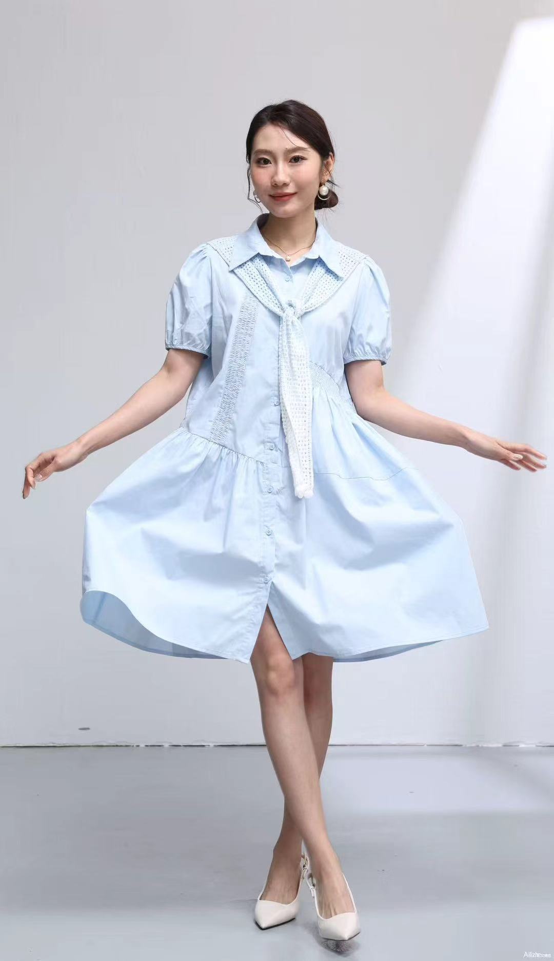 夏季新款韩版蕾丝披肩短袖衬衣连衣裙女减龄抽绳宽松中长裙