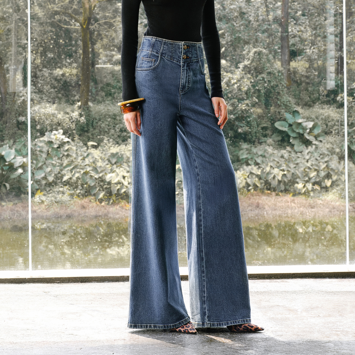 LYNEE【星轨】高腰腰封式牛仔裤复古金属扣百搭裤子LGD2FAN001