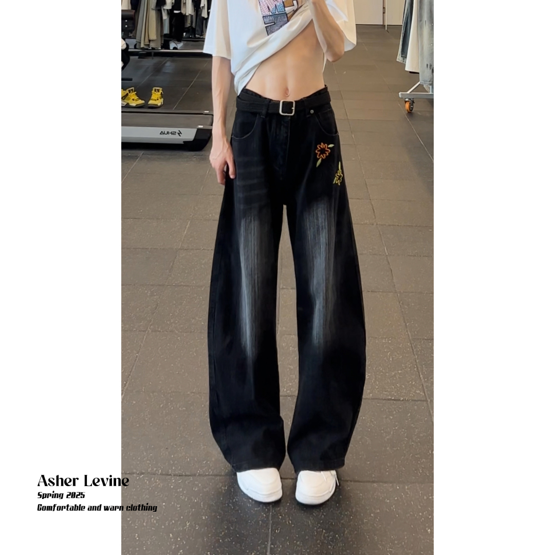 趣味刺绣牛仔裤男小众美式高街阔腿裤帅炸街设计感百搭拖地弯刀裤