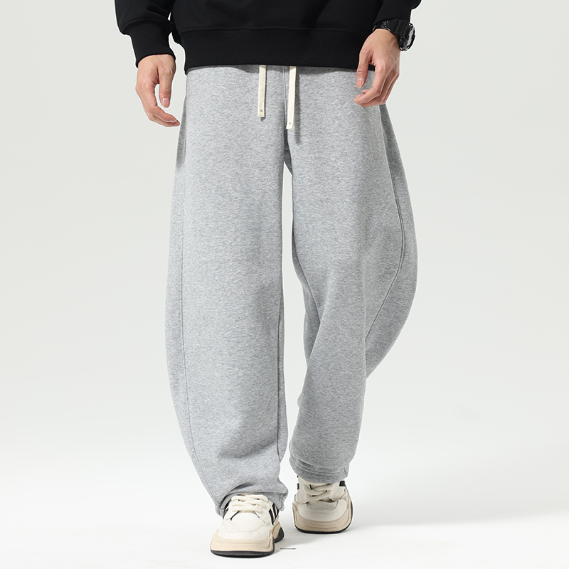 秋冬季款弯刀裤加绒男士灰色卫裤休闲裤阔腿宽松休闲卫裤纯色