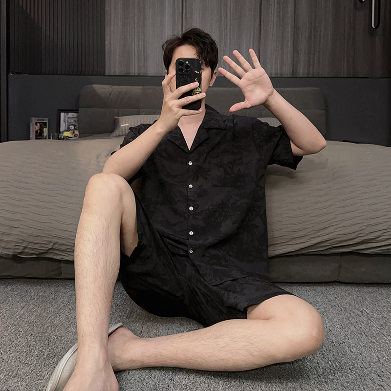 高级感轻奢风男士睡衣短袖短裤冰丝夏季薄款可外穿家居服青年套装