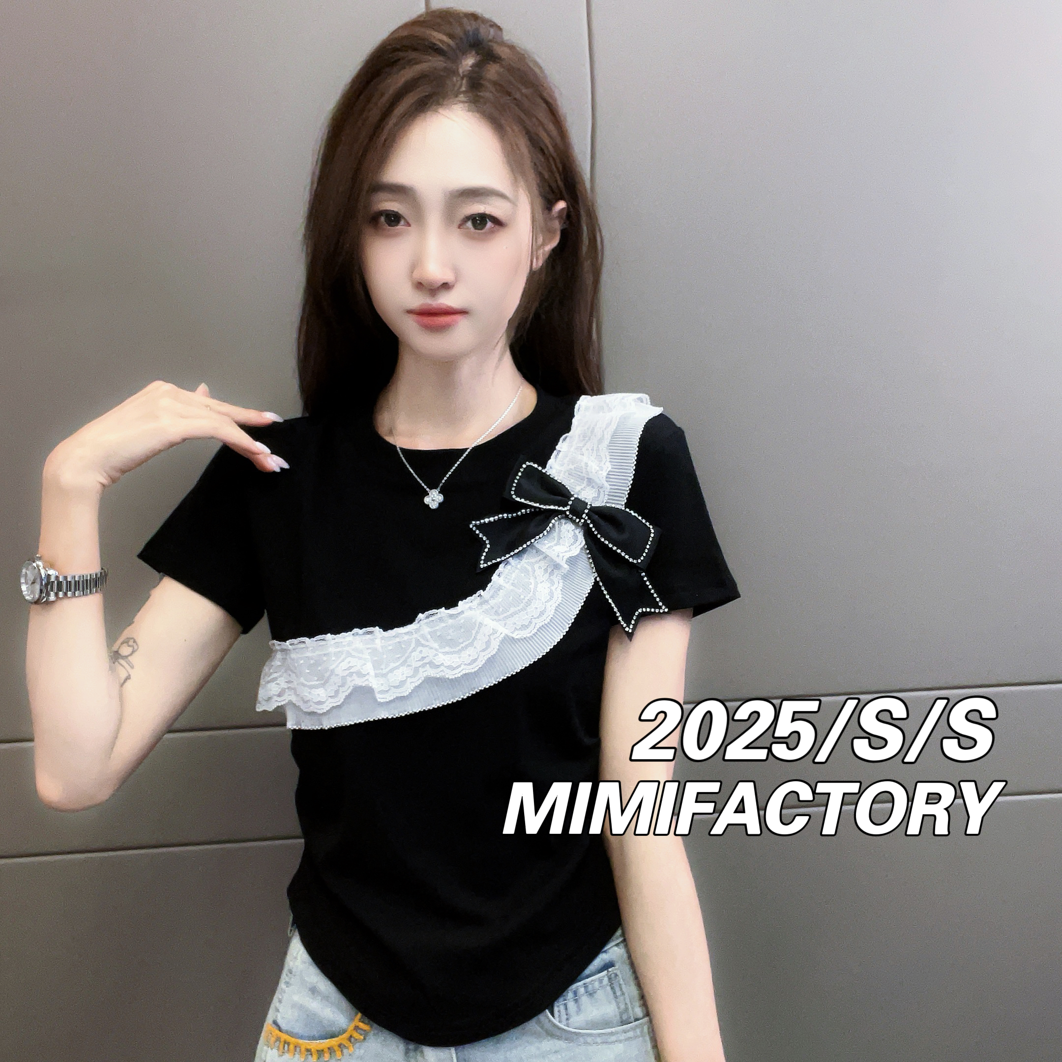 芈芈-2025夏季新款 蕾丝蝴蝶结设计短袖T恤女修身显瘦上衣046#