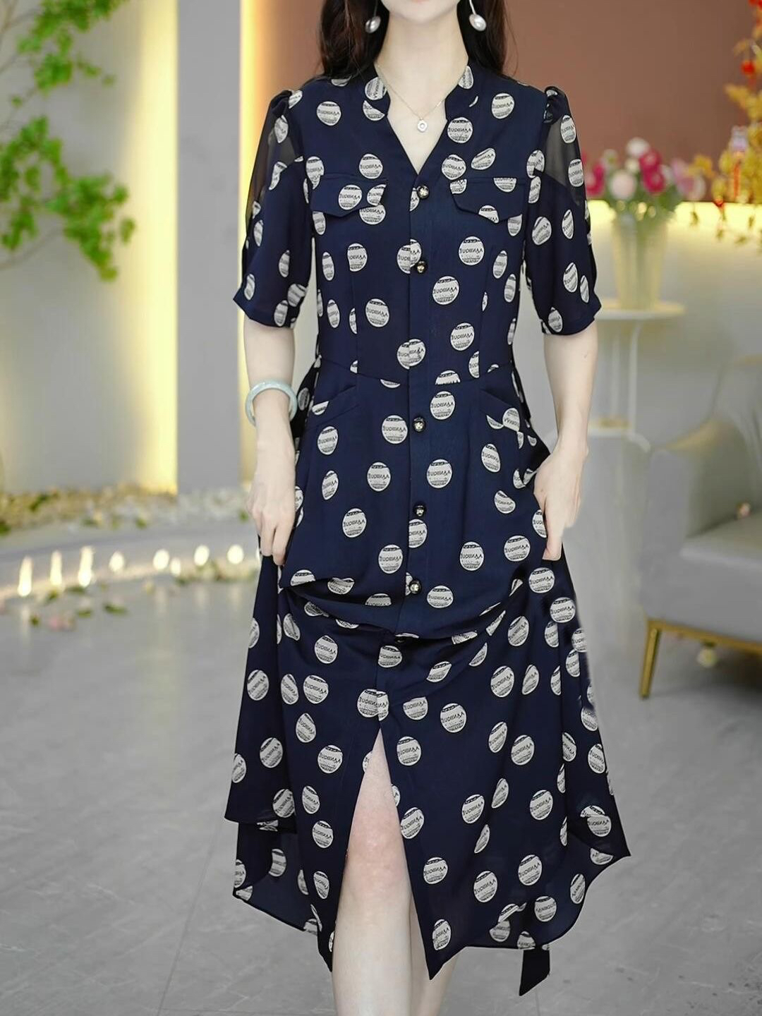 E206短袖女装碎花连衣裙女夏季新款中长款中年妈妈阔太太气质裙子