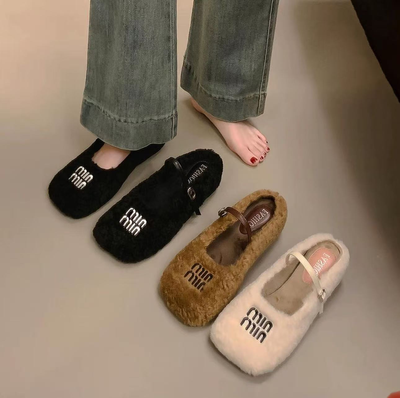 Q21法式包头毛毛半拖鞋外穿秋冬季方头加绒