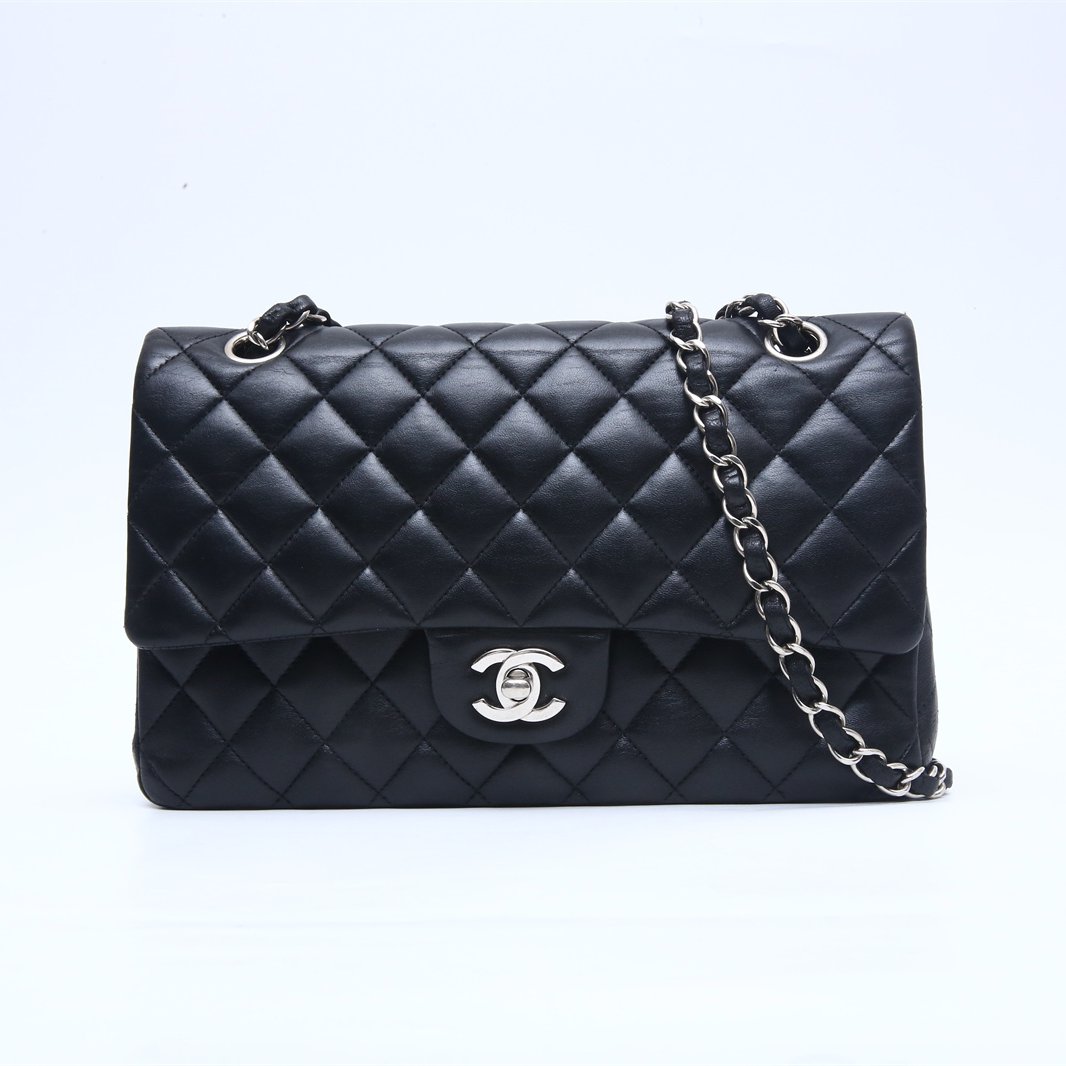 99新 Chanel/香奈儿 小花双双 CF 口盖包 中号 黑色 皮革S 23开