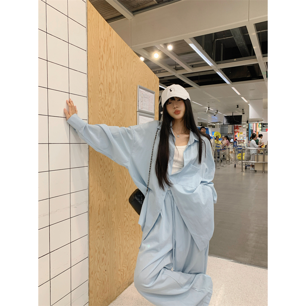慵懒百搭衬衫女宽松春夏新款薄款防晒衬衣高腰休闲阔腿裤两件套