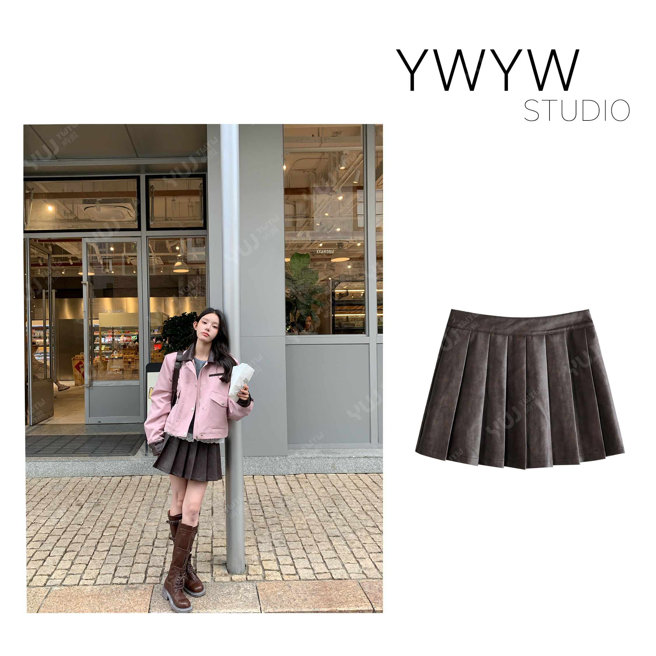 【YWYW25F/W】韩系百搭辣妹气质压褶修身皮短裙5938