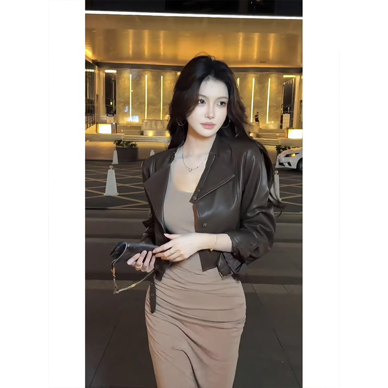 美式辣妹棕色复古pu皮衣外套女秋季2025新款短款修身皮夹克上衣潮