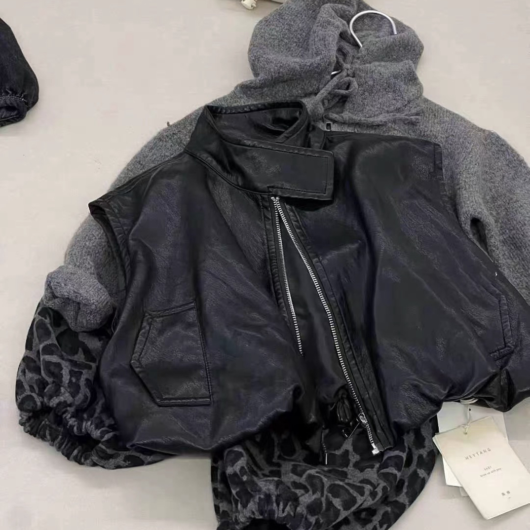 豹纹男女童三件套通用韩版秋季通用男套装男童加绒皮衣网红毛衣