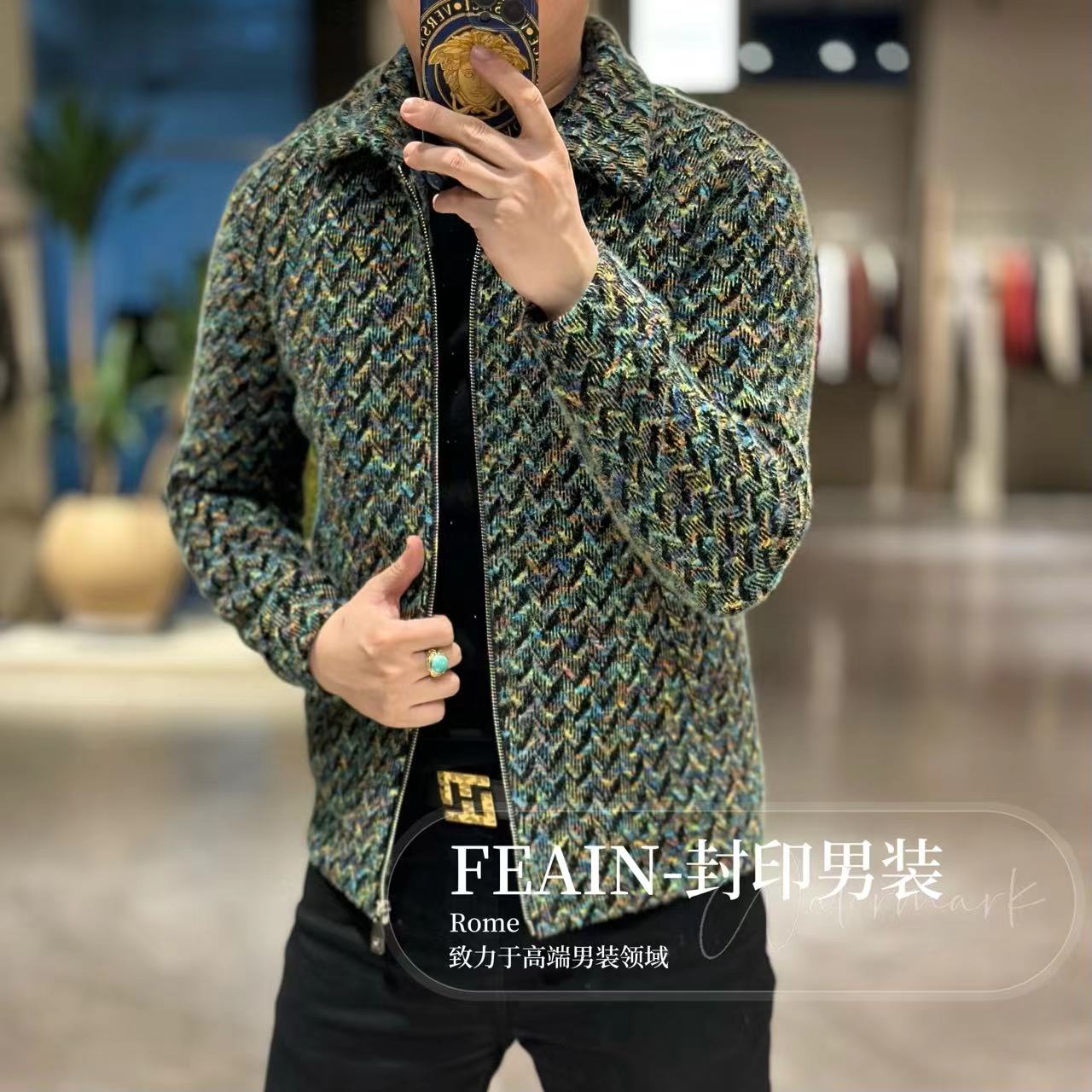 【雪尼尔飞织】高端定制雪尼尔绒花纱飞织翻领拉链夹克8505