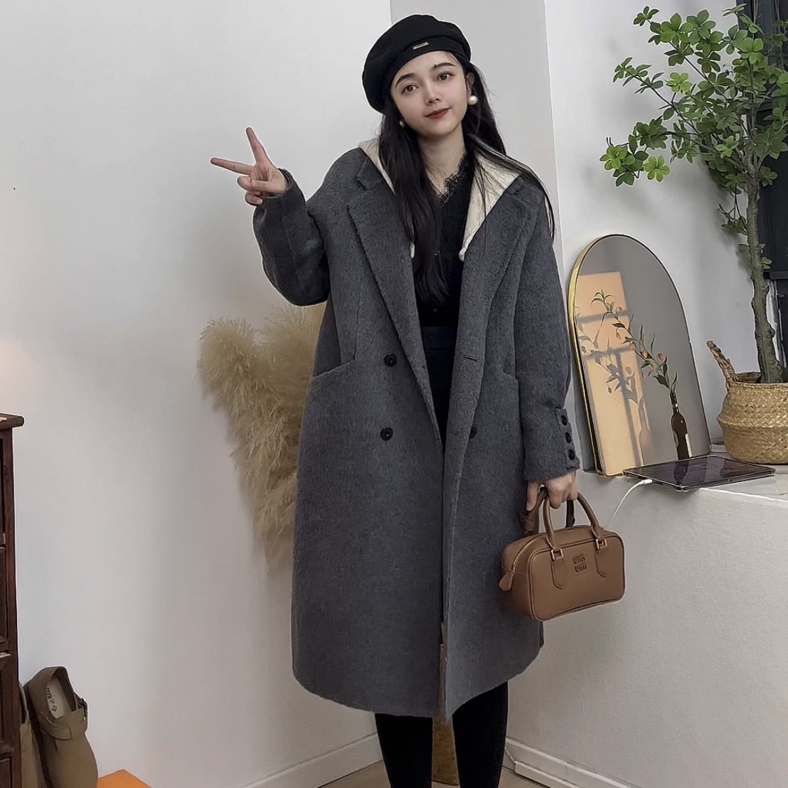 2025年新款小个子版连帽中长款毛呢外套
