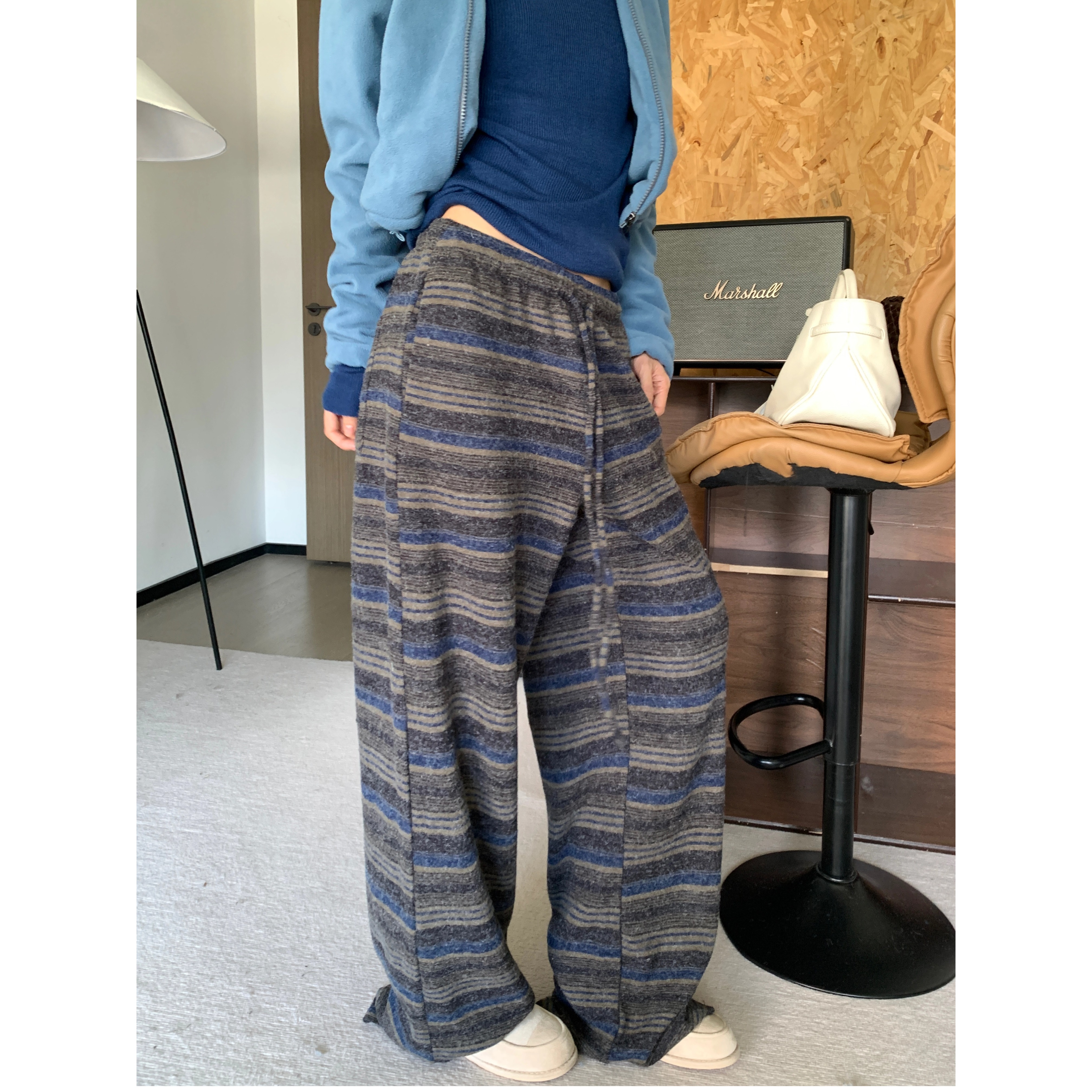 秋季新款断码捡漏.撞色条纹阔腿加厚休闲毛绒裤5369