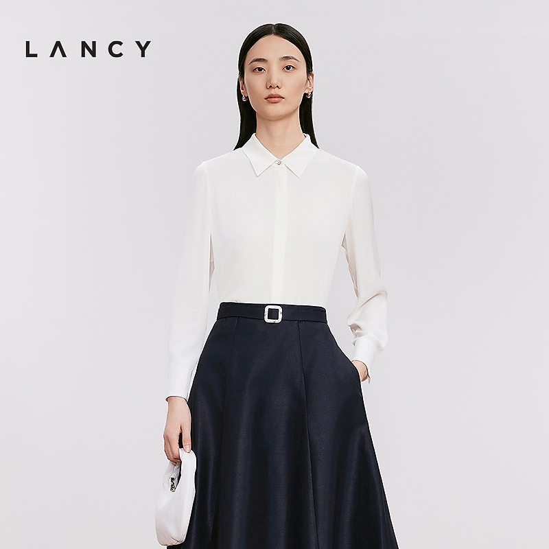 LANCY/朗姿2024春季新款法式长袖桑蚕丝衬衫女简约修身通勤风上衣