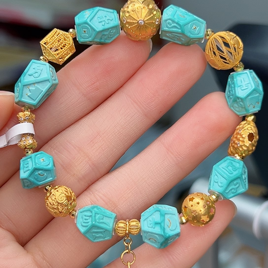 绿松石珠宝奇石18K金镶嵌豆*?