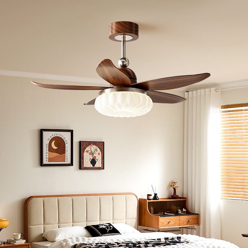 复古奶油风风扇灯餐厅中古风卧室吊扇灯法式书房胡桃木色电扇灯