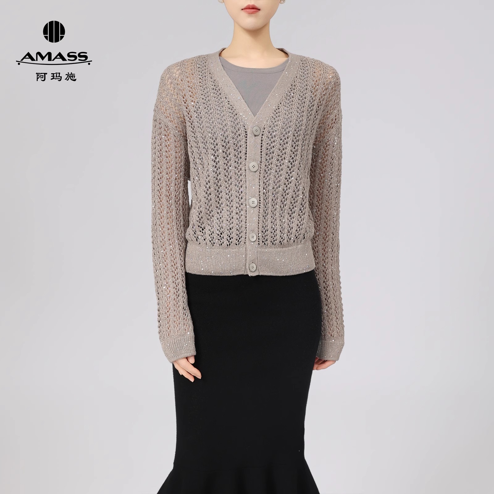AMASS/阿玛施百搭针织开衫纯色简约镂空毛衣外套女5499257新款