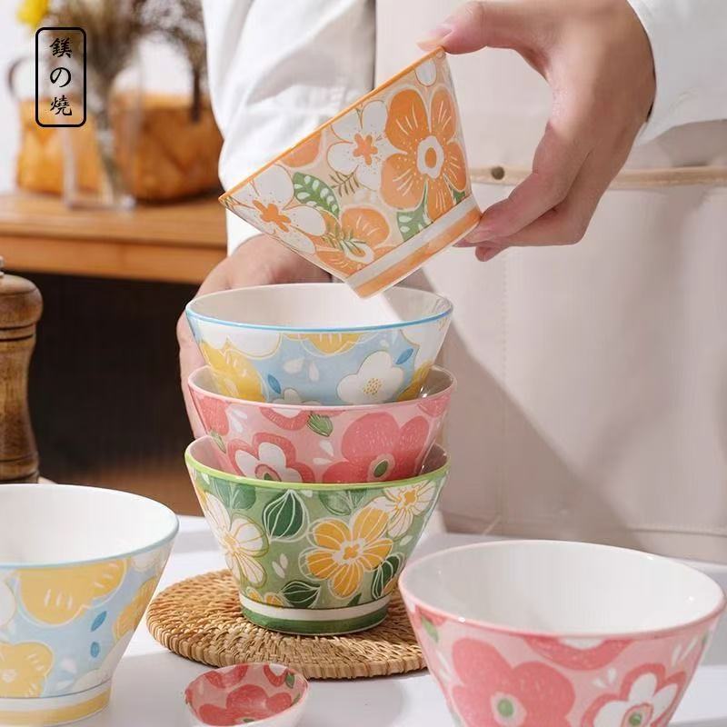 【灼瓷】复古餐具5英寸花漾时光斗笠碗6只装釉下彩工艺可进微波炉烤