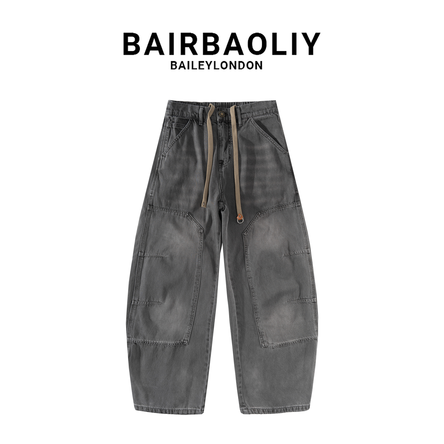BAIRBAOLIY美式街头抽绳复古拼接做旧纯棉弯刀裤宽松休闲牛仔裤男