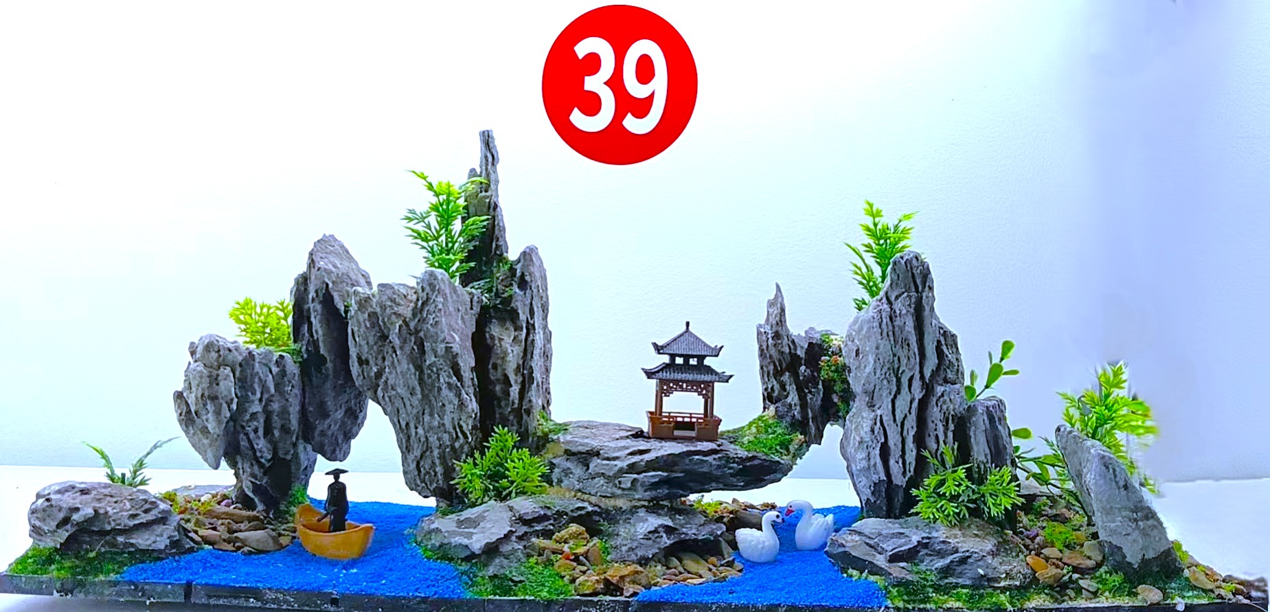 （一物一拍）鱼缸山水风格造景，固定一体骨架，仿真水草，适用50缸