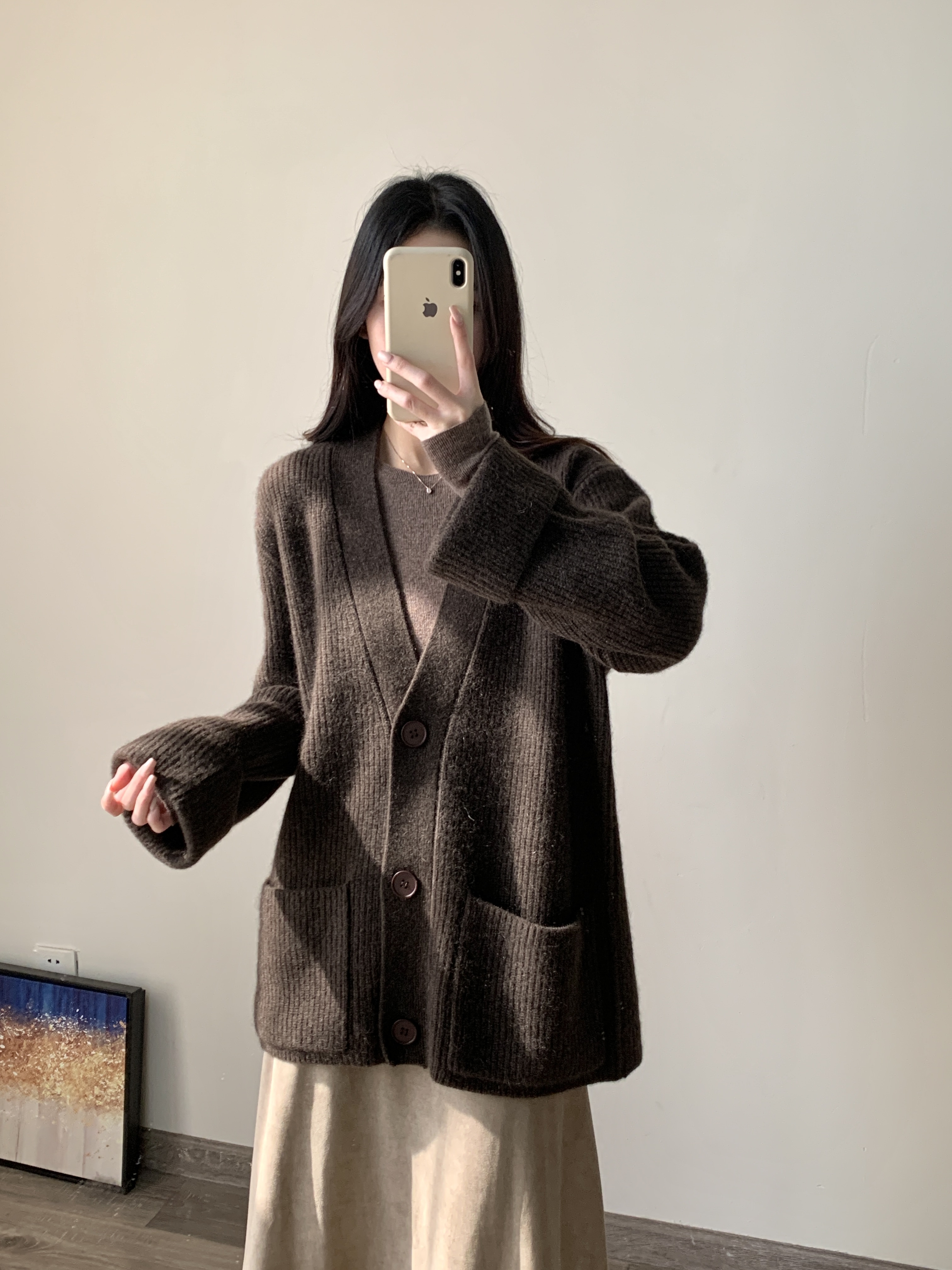 CHUANBAI秋冬加厚V领牦牛绒口袋大板开衫上衣-16575