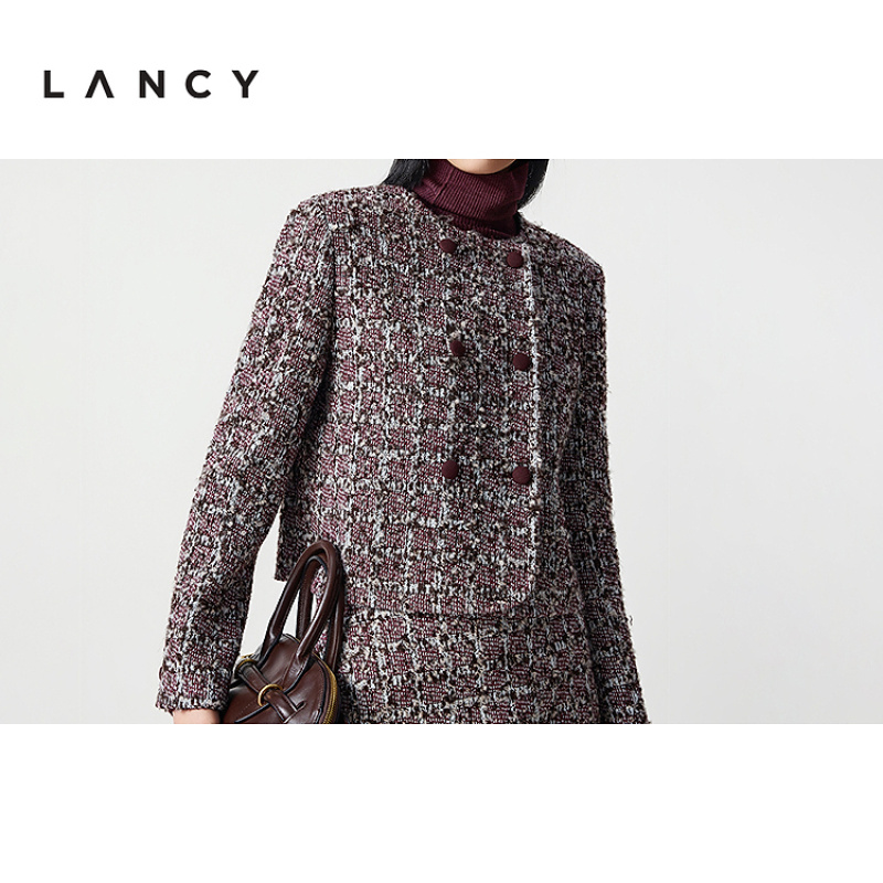 LANCY/朗姿2025冬新款法式小香风粗花呢短外套女秋气质双排扣上衣