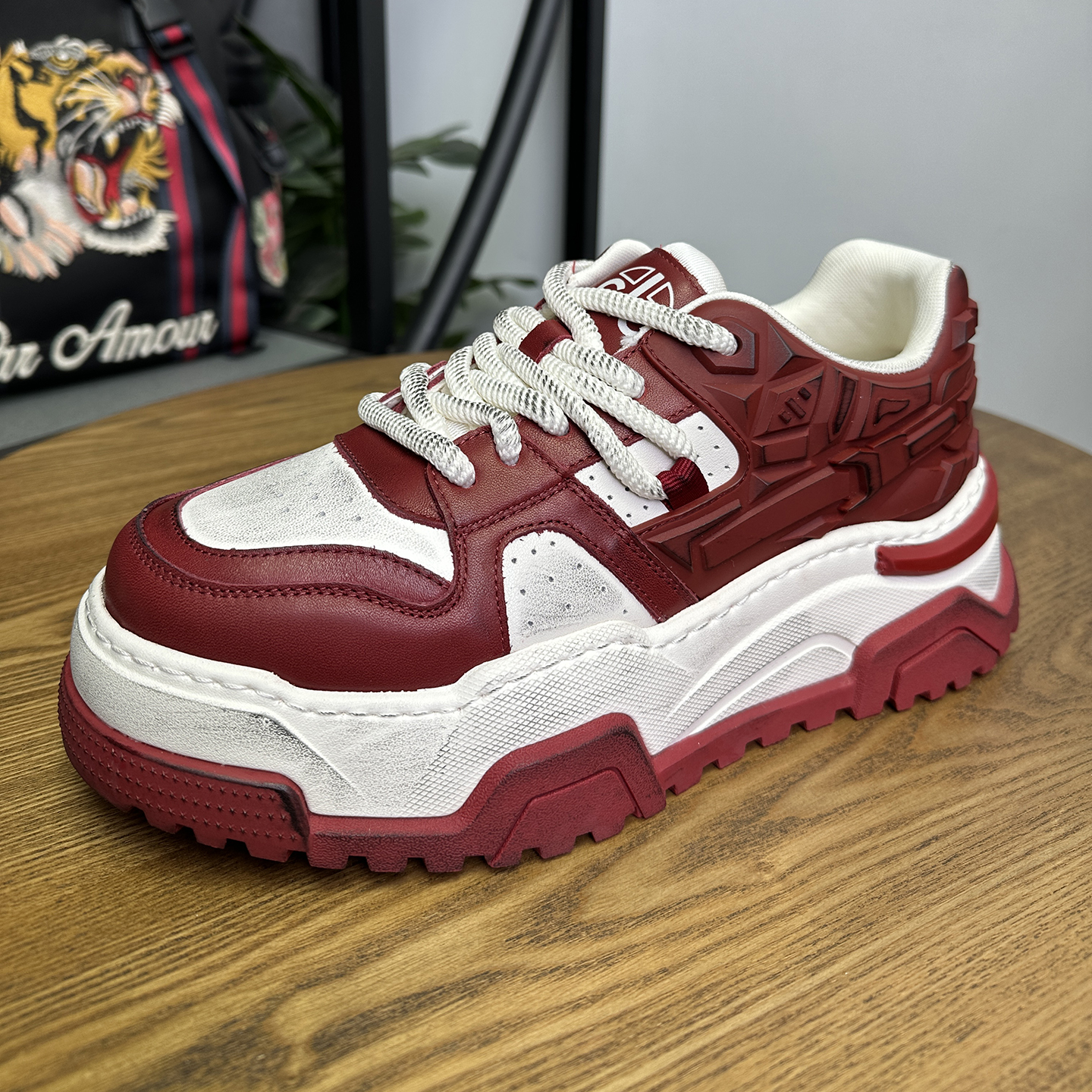 头层牛皮时尚休闲鞋男士韩版百搭真皮低帮鞋厚底潮流男鞋拼色潮鞋