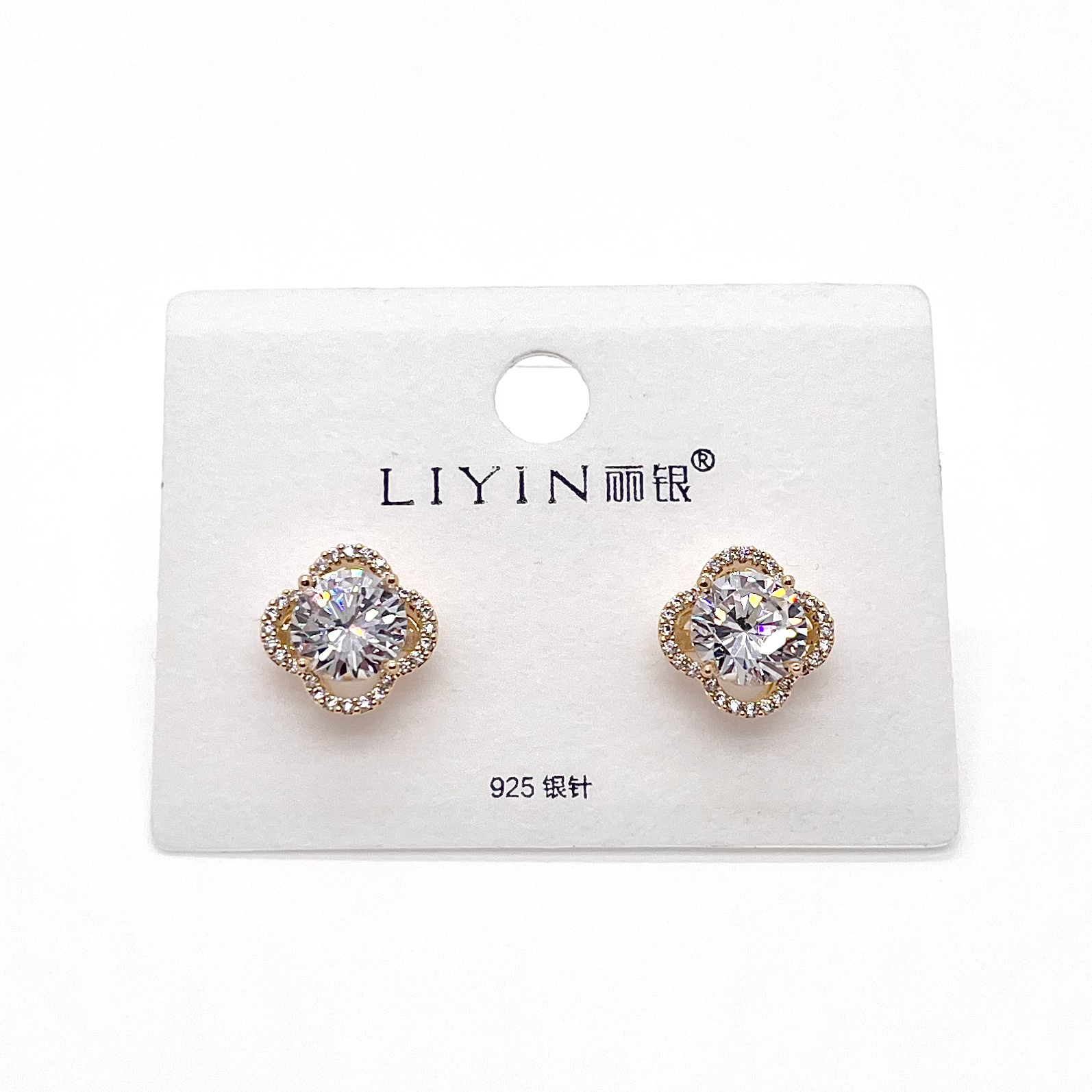 铜合金合成锆石耳饰 丽银丽贝丽影银针经典爆闪满钻镂空四叶耳钉