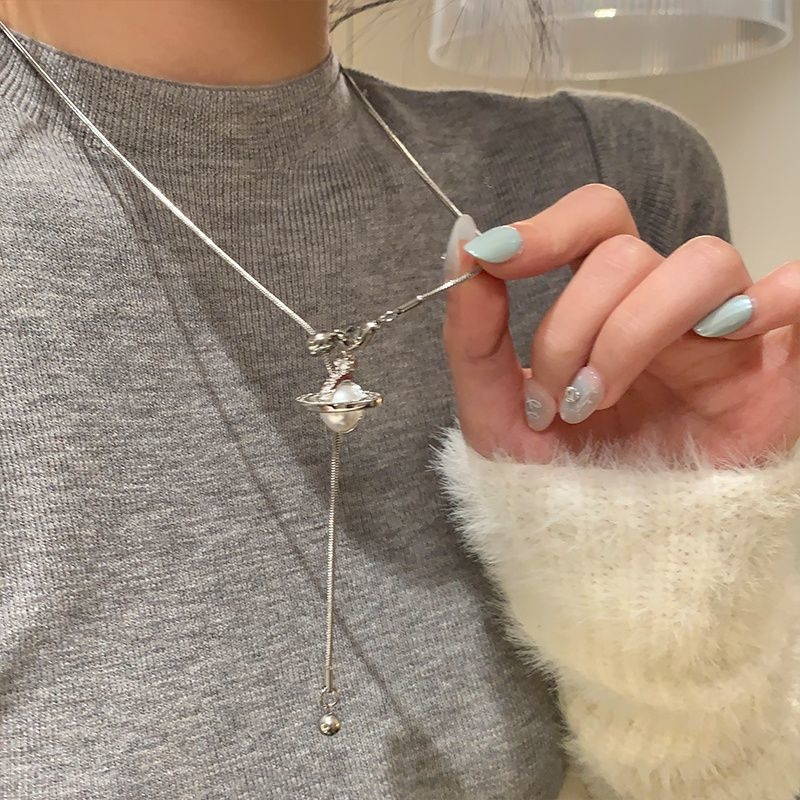 合金项链 百搭时髦 星球吊坠流苏毛衣链女长款颈链钛钢星球项链