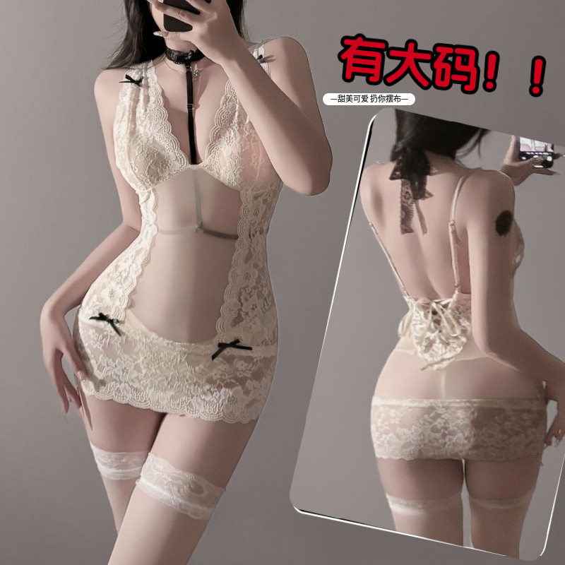 闺房战袍大码新款纯欲深V露沟蕾丝包臀睡裙性感制服套装