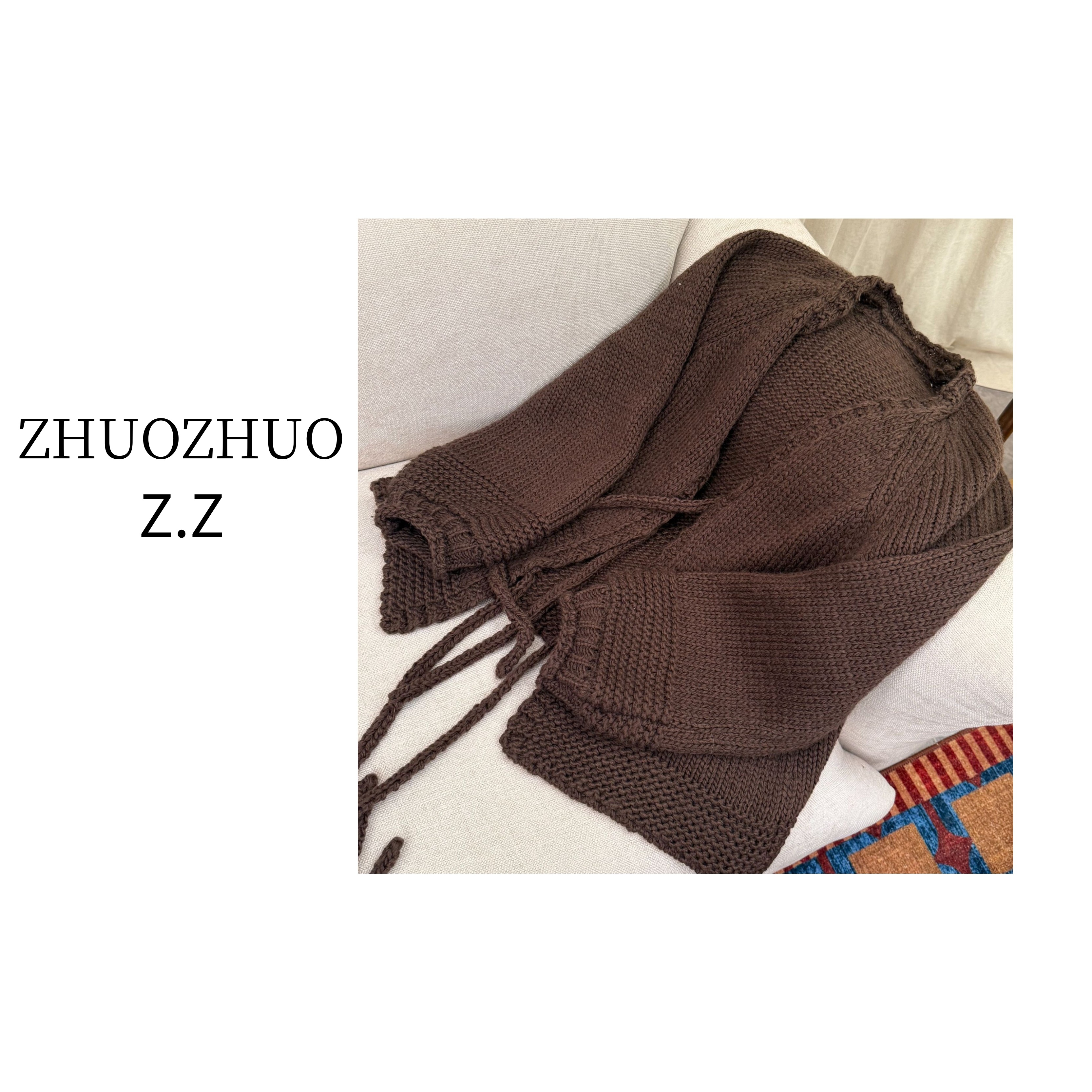 【ZHUOZHUO专属】“挽云织陷”慵懒风灯笼袖质感粗线绑带针织毛衣外套