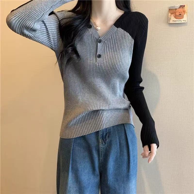 秋冬新款宽松内搭毛衣长袖大码女装撞色拼接V领针织打底上衣女潮