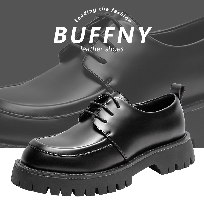 [魂系]男士百搭黑色英伦风新款圆头时尚系带皮鞋-CY521厚底真皮