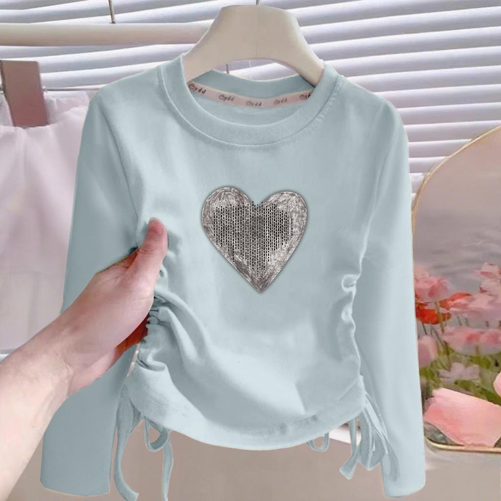 100%纯棉女童长袖T恤2025春秋新款儿童洋气中大童抽绳褶皱ins上衣