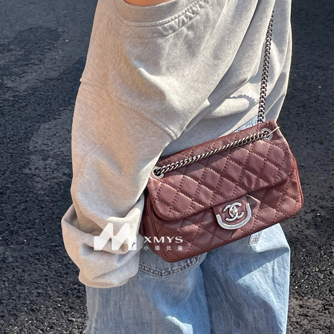 95新 Chanel/香奈儿 酒红色牛皮银扣爱丁堡cf流苏18开13-14年底27