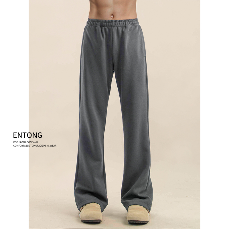 Entong冬季加绒深灰色垂感针织直筒裤子男生宽松运动美式加厚卫裤