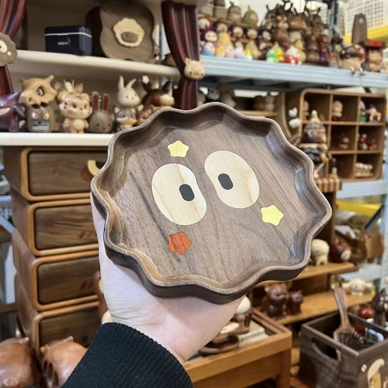 由物喜/实木煤球托盘干果盘可爱实用