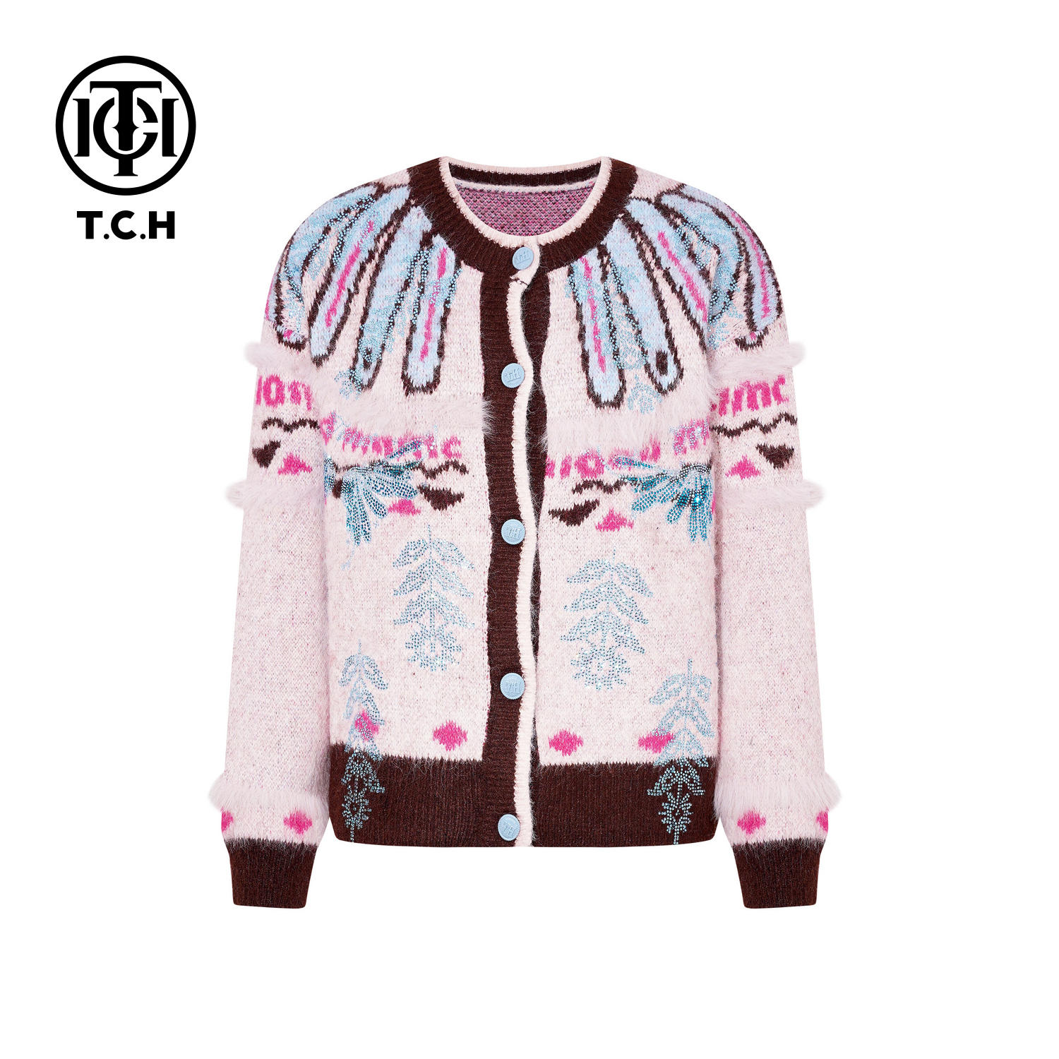 TCH【时尚百搭】冬款烫钻粉色费尔岛女复古毛针织开衫T75D43E1109