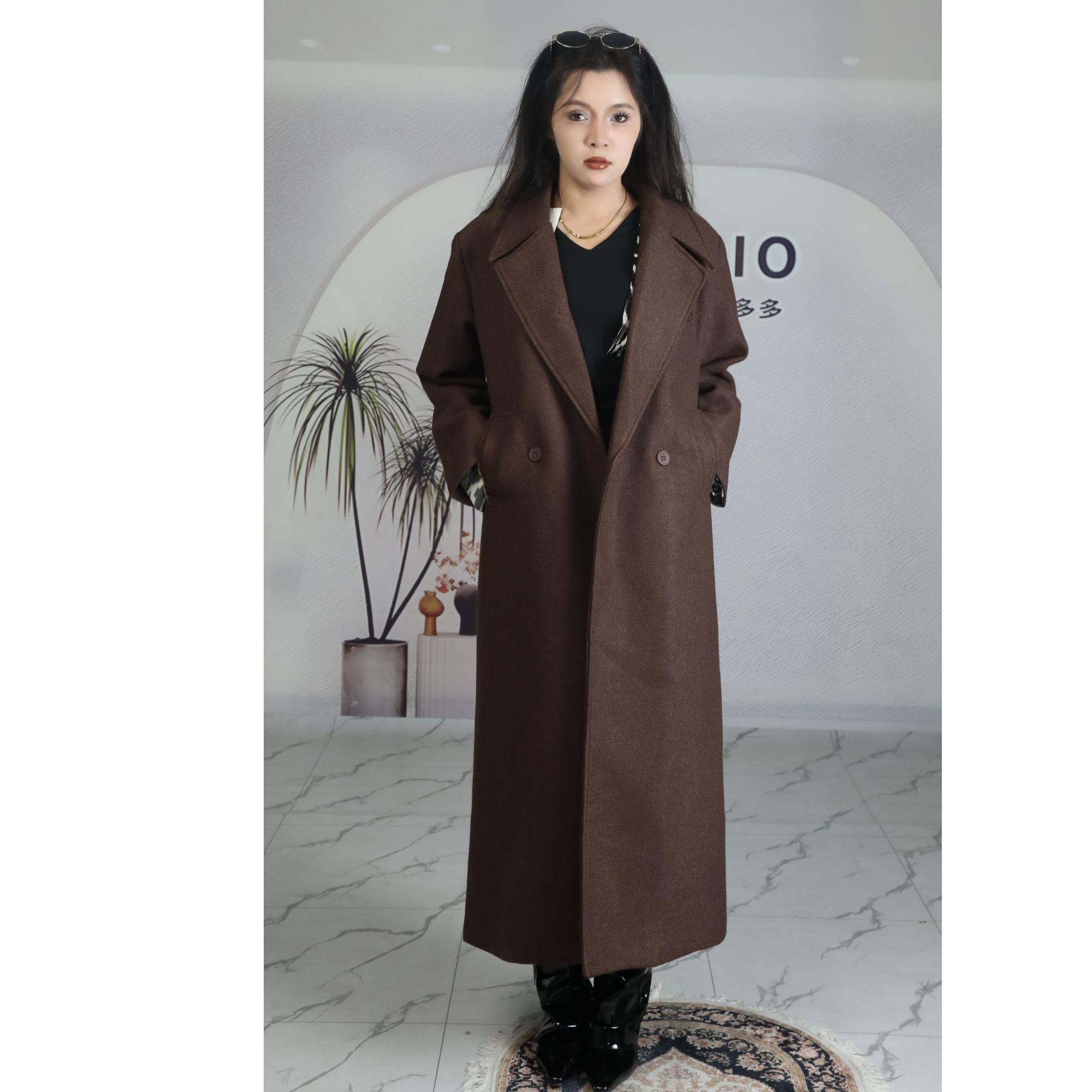 （新疆包邮）女直筒型长袖落肩袖中长款插肩袖毛呢外套不起球纯色