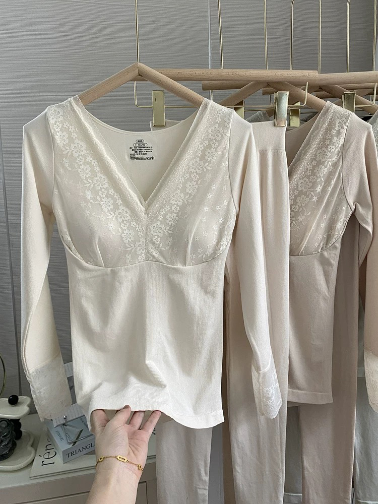 保暖套装V领四季保暖蕾丝无痕内衣套装长袖吊带背心睡衣显瘦气质