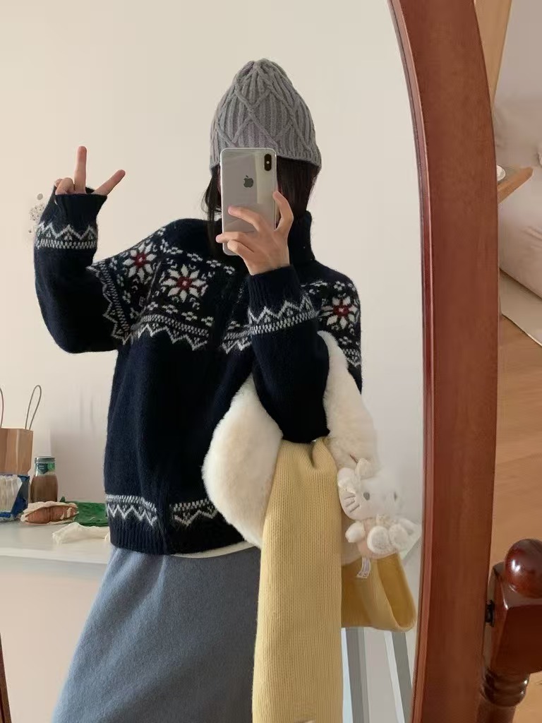 【熙小范】老钱风雪花厚款镂空针织冬季女装加绒毛衣保暖