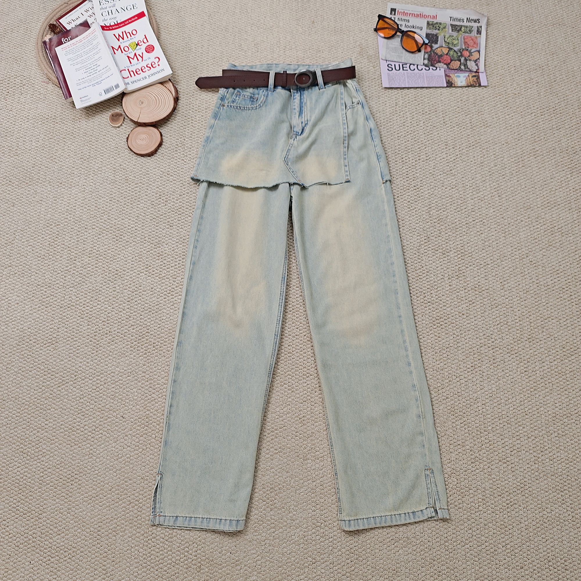2025夏季新款做旧水洗休闲配腰带假两件牛仔裤直筒裤2537