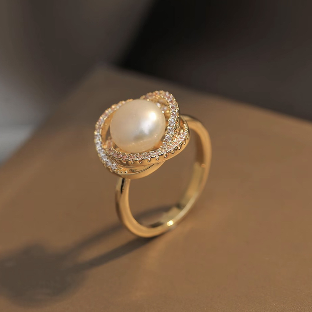 黄铜仿珍珠戒指 TJ364 高级复古饱满豪镶指环可调节 珍珠戒指