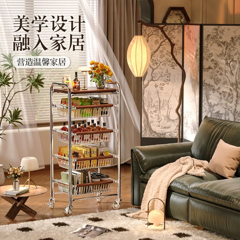 中古风零食置物架多功能夹缝小推车多层果蔬厨房菜篮可移动收纳架