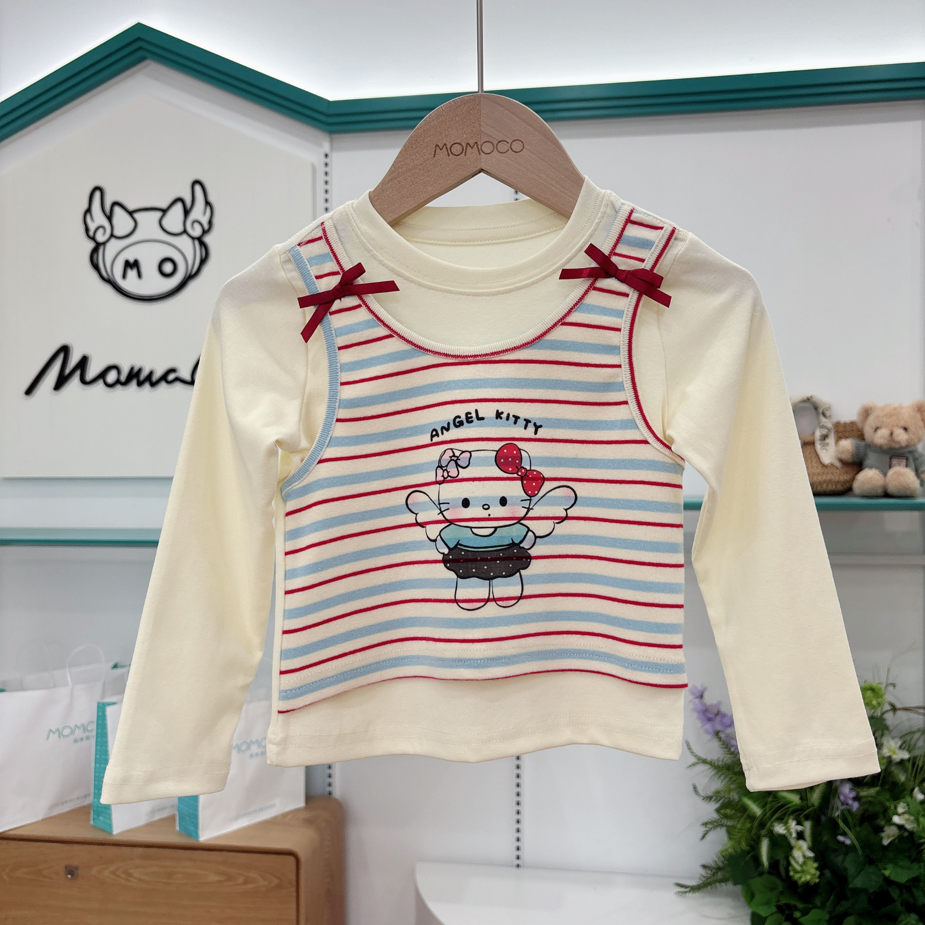 MOMOCO女童秋季儿童时尚可爱甜美猫咪假两件条纹T恤77730235024