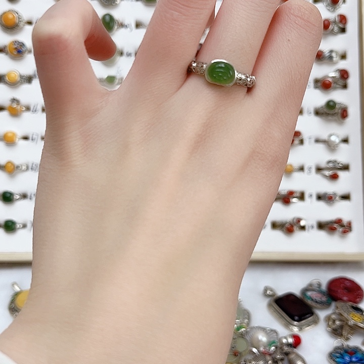 和田玉（糖玉）戒指银S925镶嵌天然