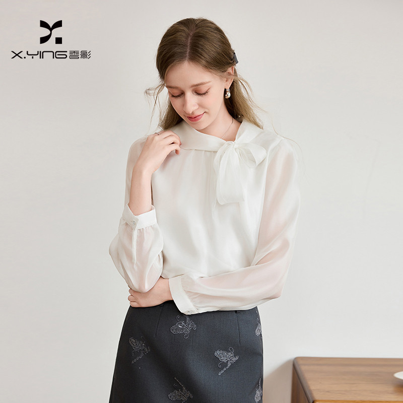 S66C121雪纺衫香影雪纺衫蝴蝶结白色衬衫上衣