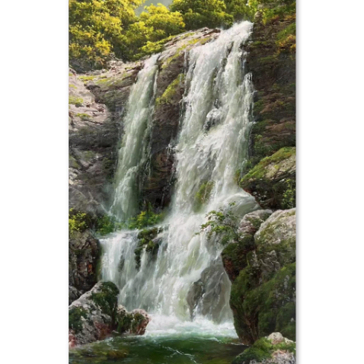 玄关挂画朝鲜油画作品《瀑布》尺寸：81X163CM