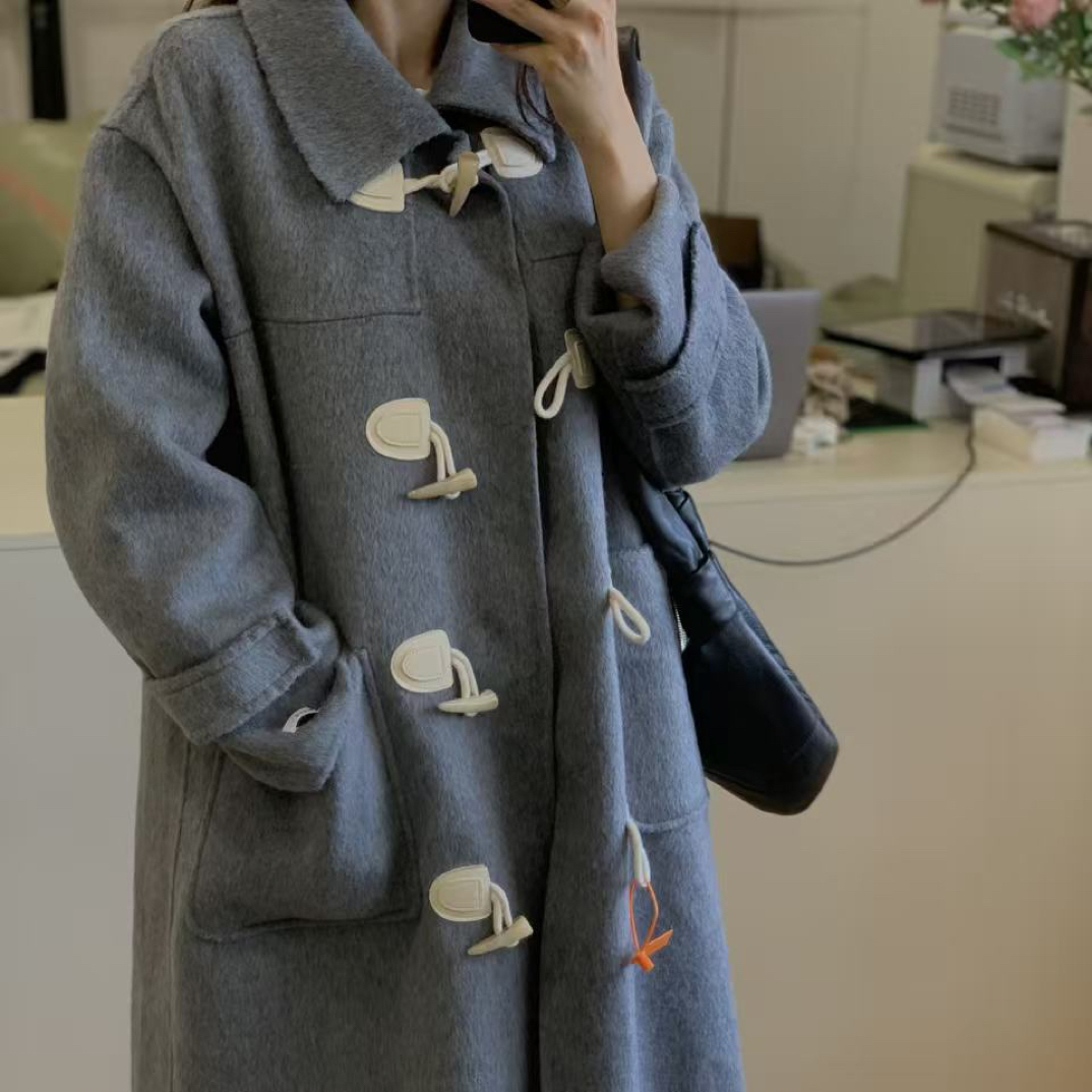 MM-989时尚百搭牛角扣双面大衣女长款学院风冬季外套